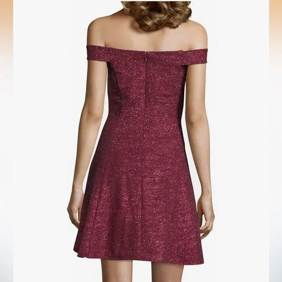 Betsy & Adam Glitter Off Shoulder Wine Dress - Picture 2 of 7